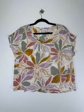 Nicole Miller Linen Floral Top Boxy V Neck Short Sleeve Multicolor Size M